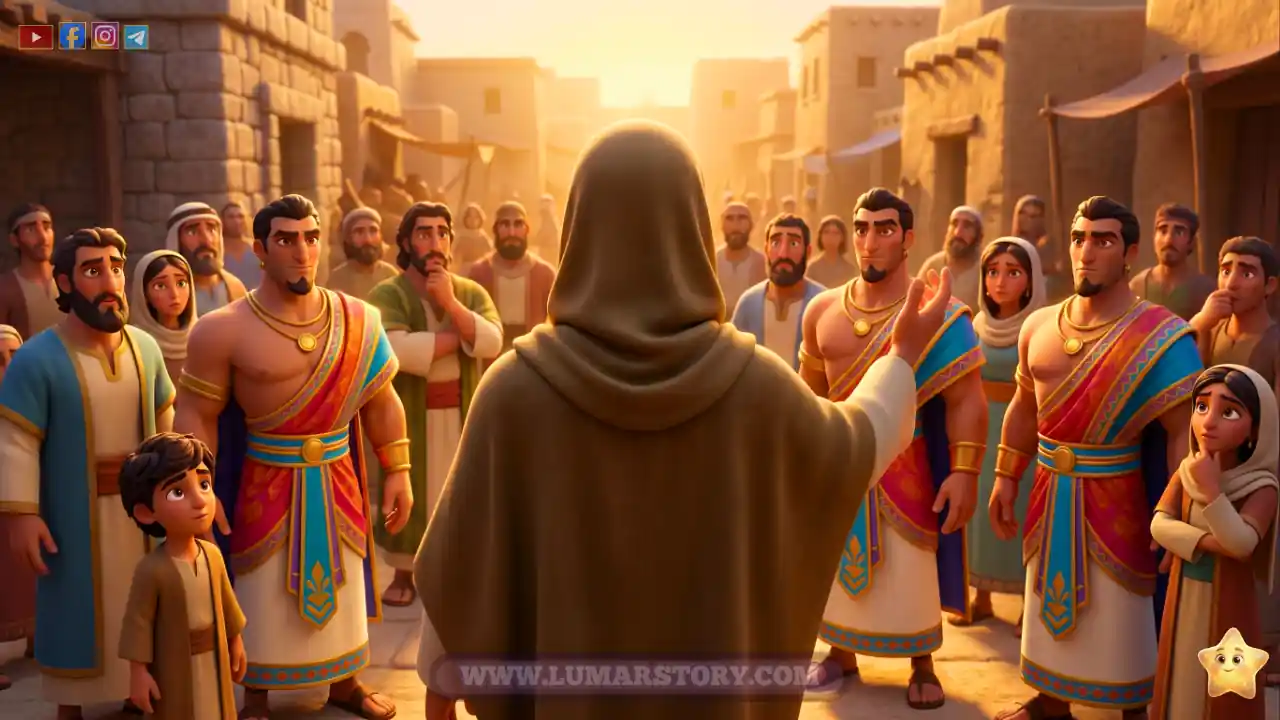 سيدنا هود يقف بين قومه ويدعوهم لعبادة الله وحده بهدوء وحكمة.