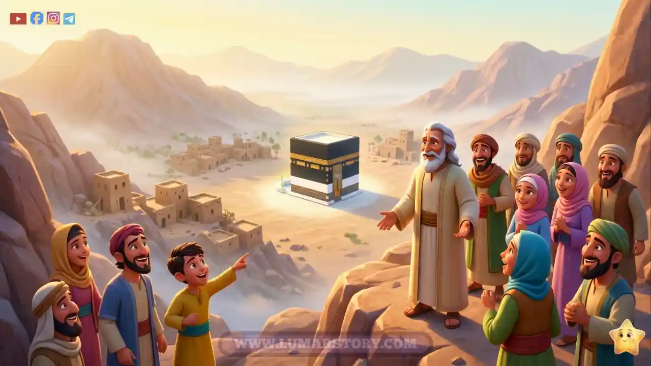 عبد المطلب وأهل مكة يقفون على الجبل ينظرون بفرح واطمئنان إلى الكعبة المشرفة التي حفظها الله بأمان.