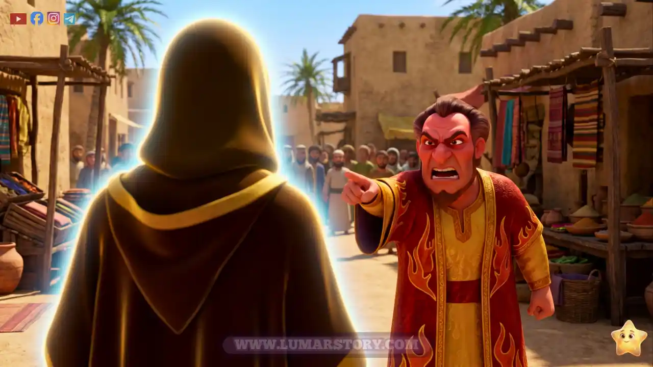 أبو لهب يظهر بوجه غاضب يصرخ في السوق وهو يرتدي ملابس قديمة فاخرة.