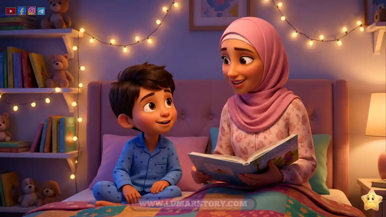 الأم تجلس بجوار طفلها أحمد في غرفة النوم وتخبره قصة قبل النوم بأسلوب كرتوني دافئ ومحبب.