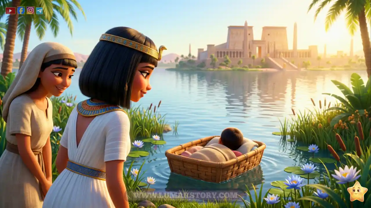 آسيا تنظر بحنان إلى الطفل الرضيع موسى داخل الصندوق الخشبي عند نهر النيل.