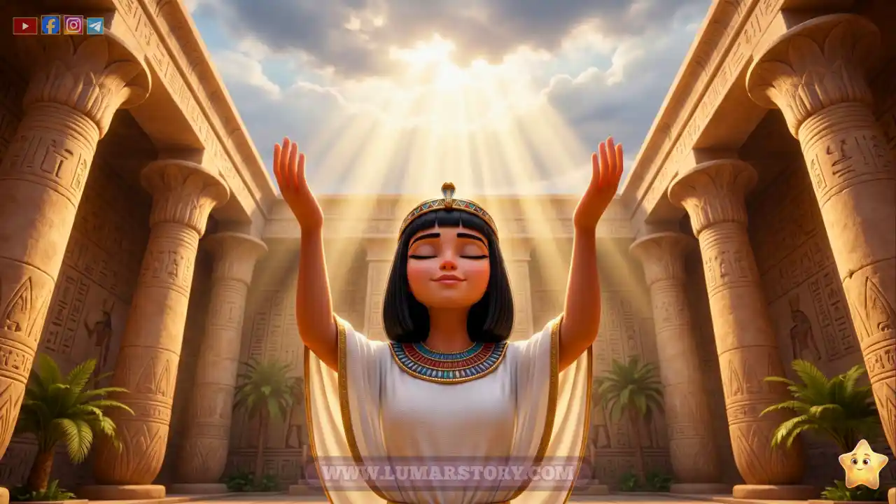 آسيا ترفع يديها إلى السماء وتدعو الله أن يبني لها بيتاً في الجنة، والنور يضيء وجهها بسلام.