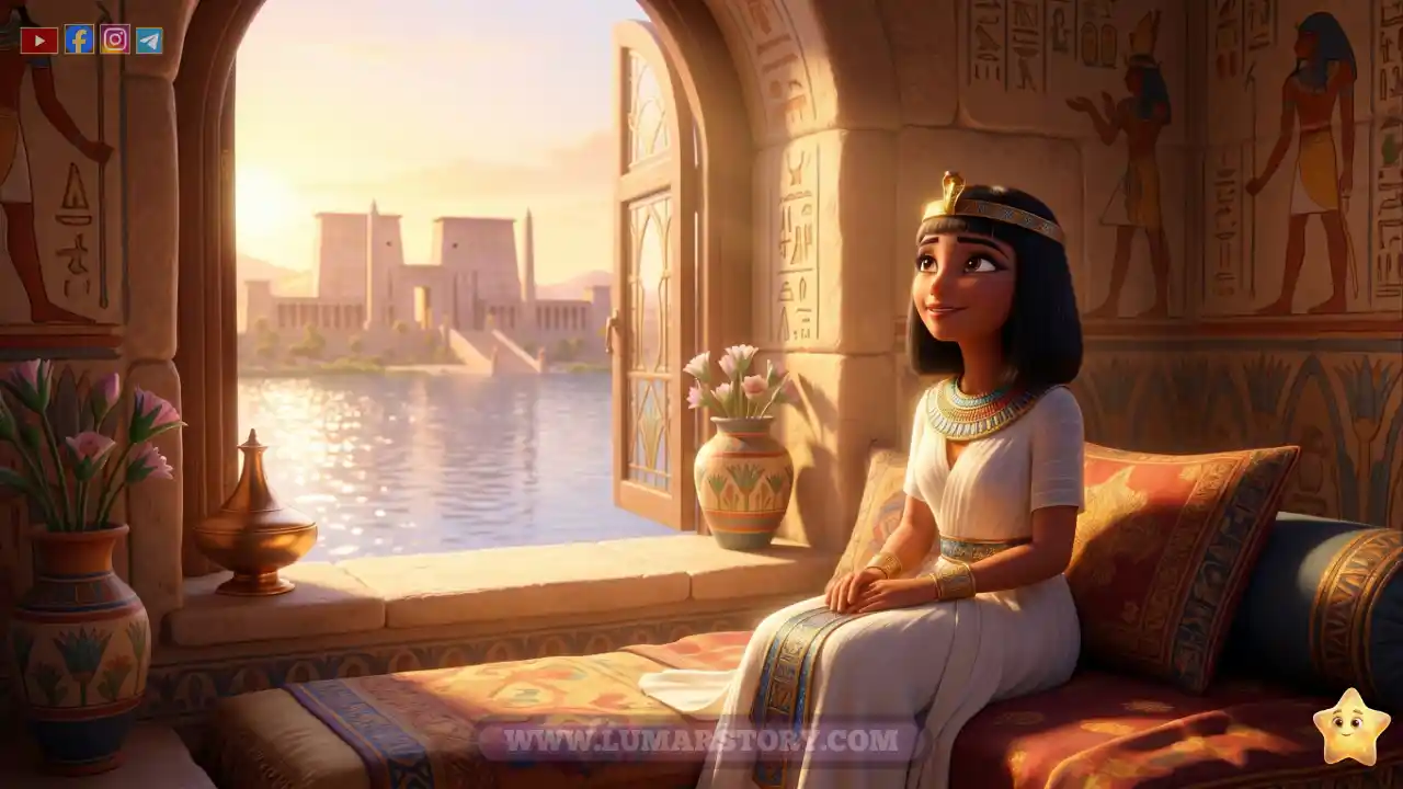 آسيا زوجة فرعون تجلس بجوار نافذة قصرها الكبير وتنظر إلى السماء بسلام وطمأنينة.