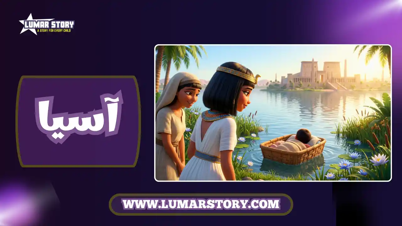 آسيا زوجة فرعون تقف بجوار نهر النيل وتحمل صندوقاً صغيراً يضيء وبداخله النبي موسى، وخلفها قصر كبير في مشهد غروب الشمس.