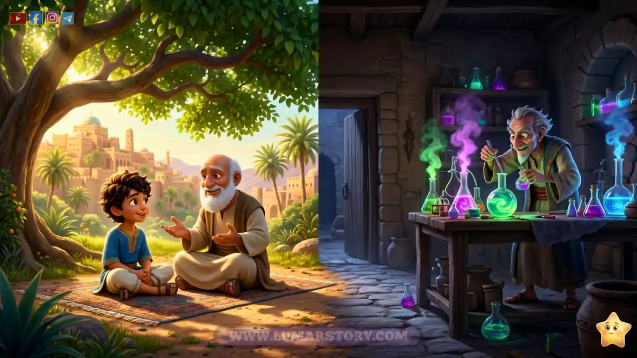 الغلام يجلس مع الرجل الصالح تحت الشجرة، بينما يظهر الساحر في الجانب الآخر من الصورة