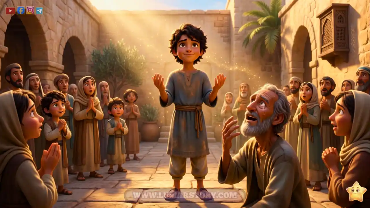 الغلام يدعو الله بتواضع بينما يفتح رجل أعمى عينيه بفرحة شديدة بعد شفائه