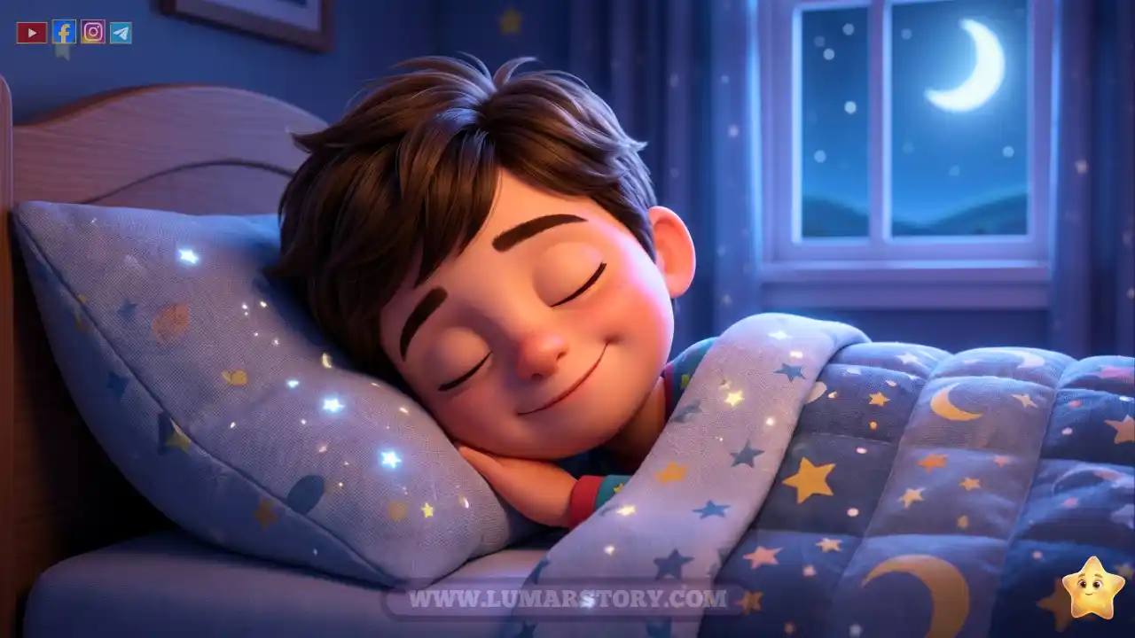 الطفل صالح ينام بسلام وطمأنينة وابتسامة على وجهه بعد سماع قصة أصحاب السبت.