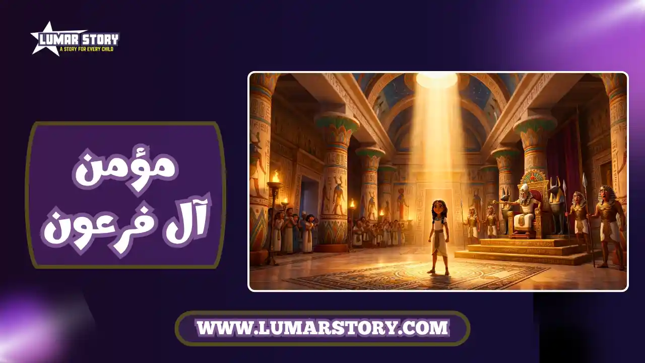 صورة غلاف كرتونية ثلاثية الأبعاد تظهر الرجل المؤمن الشجاع يقف بثقة في قصر فرعون المليء بالألوان، تعبيراً عن قصة مؤمن آل فرعون للأطفال.