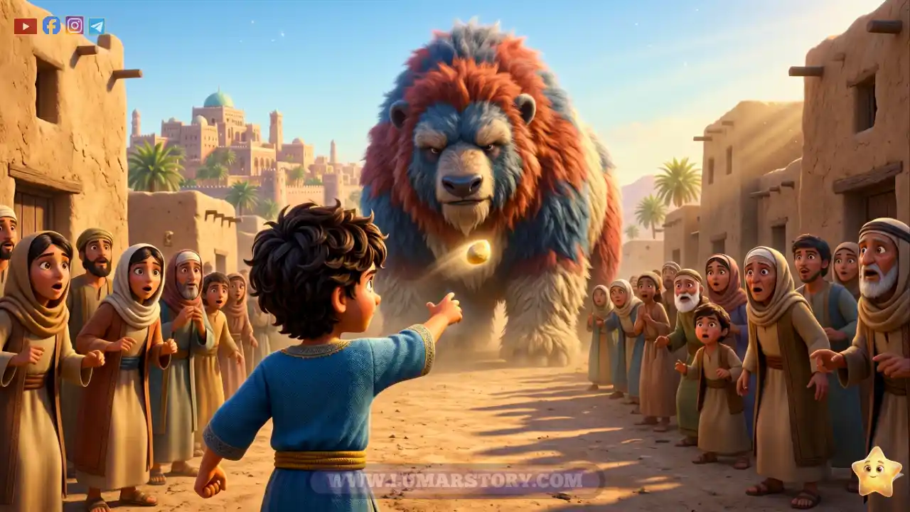 الغلام الشجاع يرمي حجراً صغيراً على دابة ضخمة تسد الطريق وسط دهشة الناس