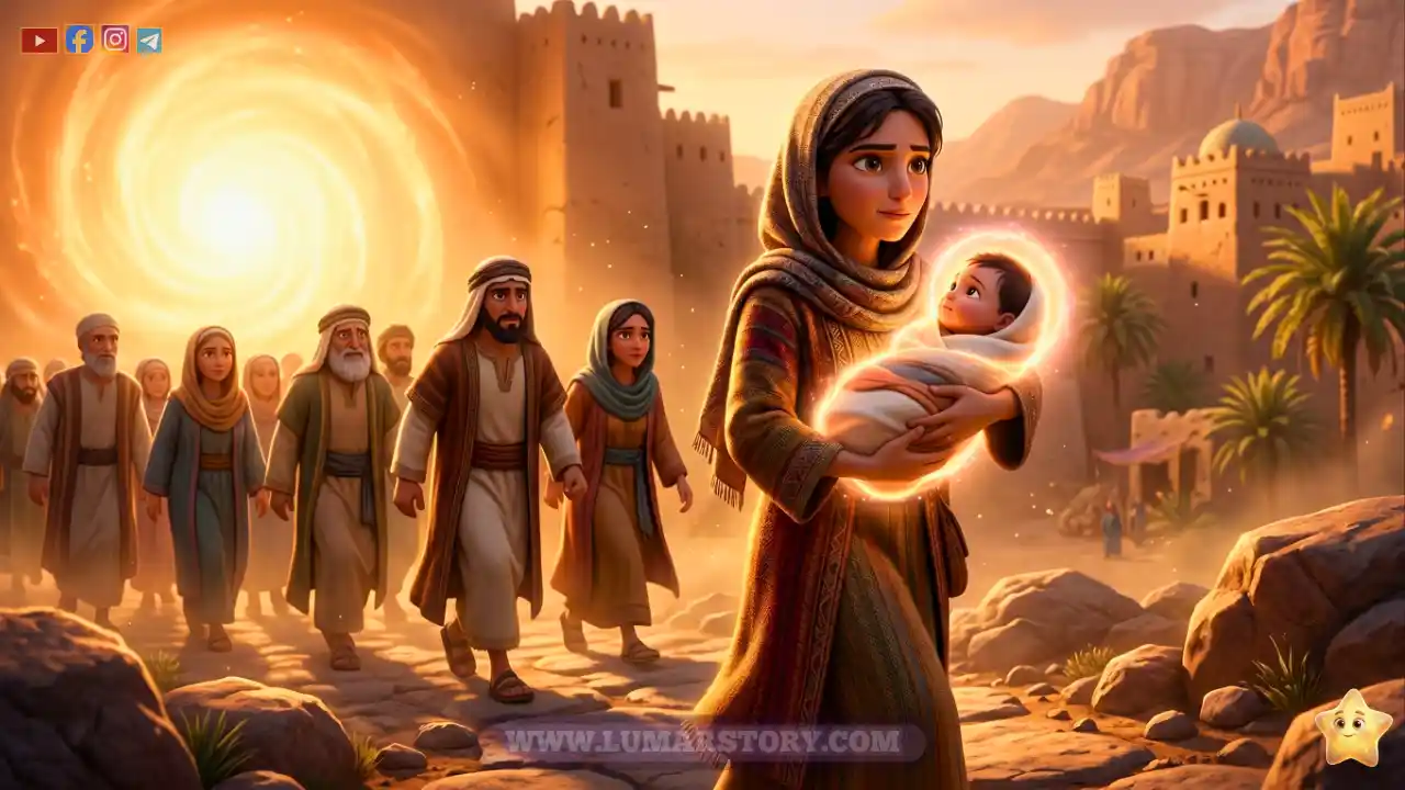 أم مؤمنة وشجاعة تحمل طفلها الرضيع الذي يحيط به نور ملائكي وهم يتجهون بثبات