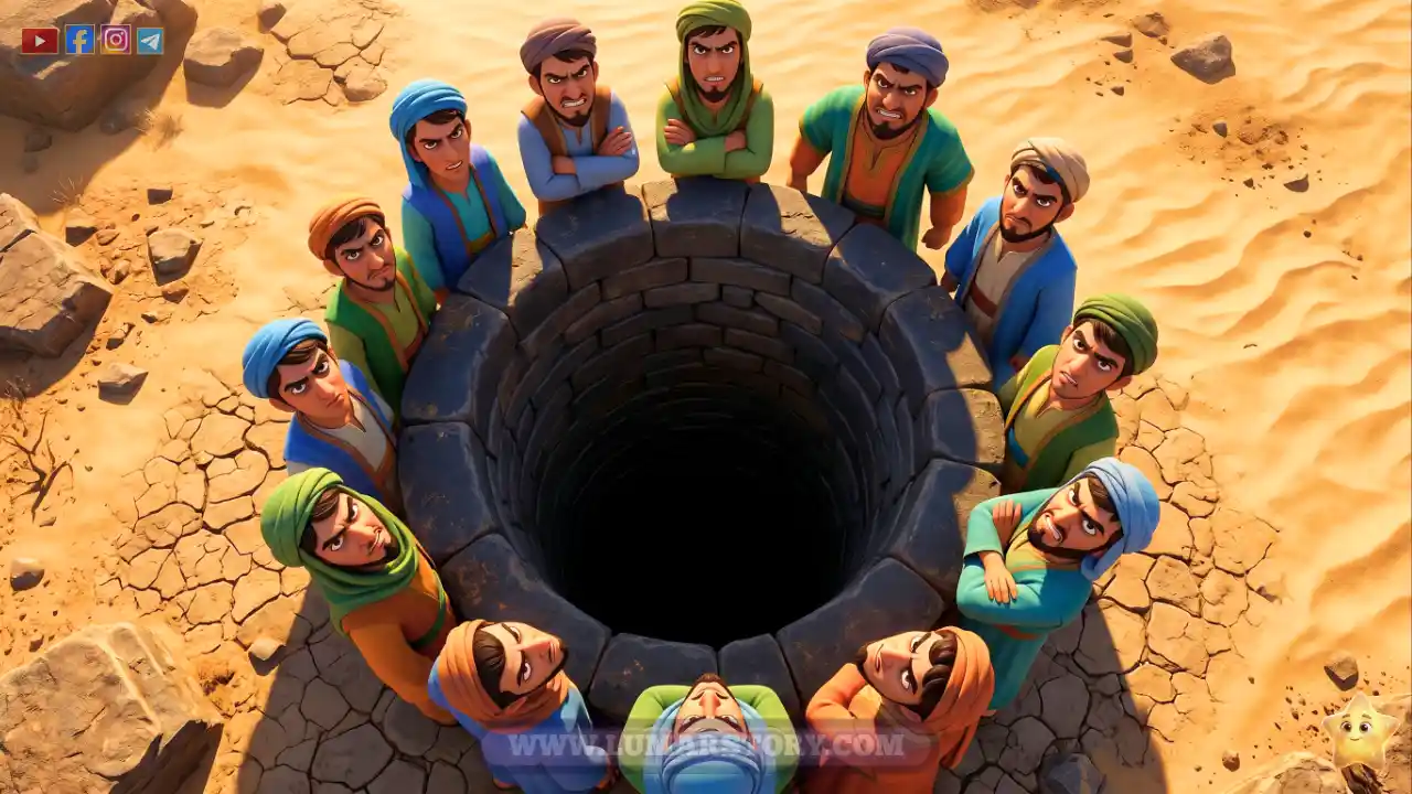إخوة يوسف ينظرون داخل البئر المظلم بعد أن ألقوا بأخيهم فيه.