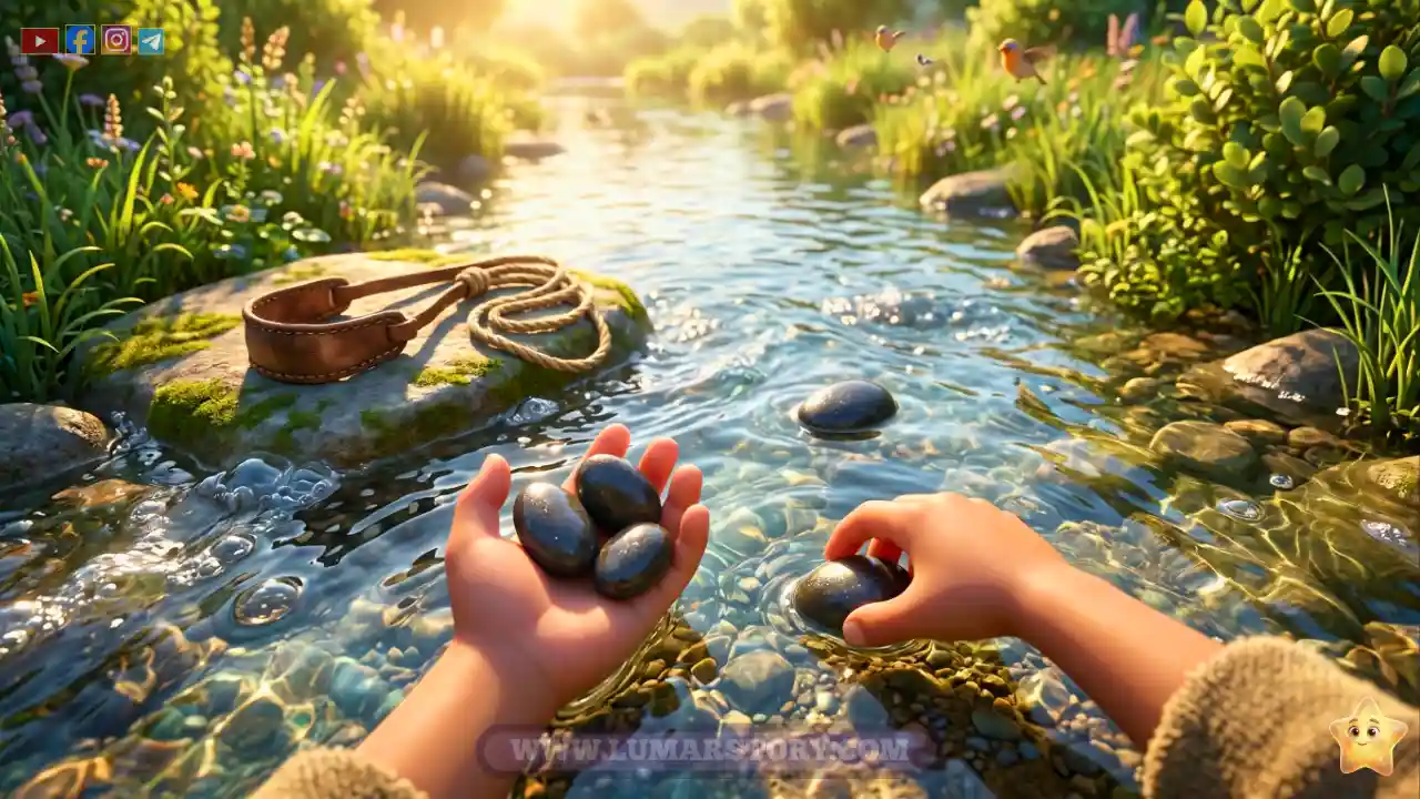 سيدنا داوود يجمع خمسة أحجار ملساء وصغيرة من النهر الملون ليضعها في حقيبته.