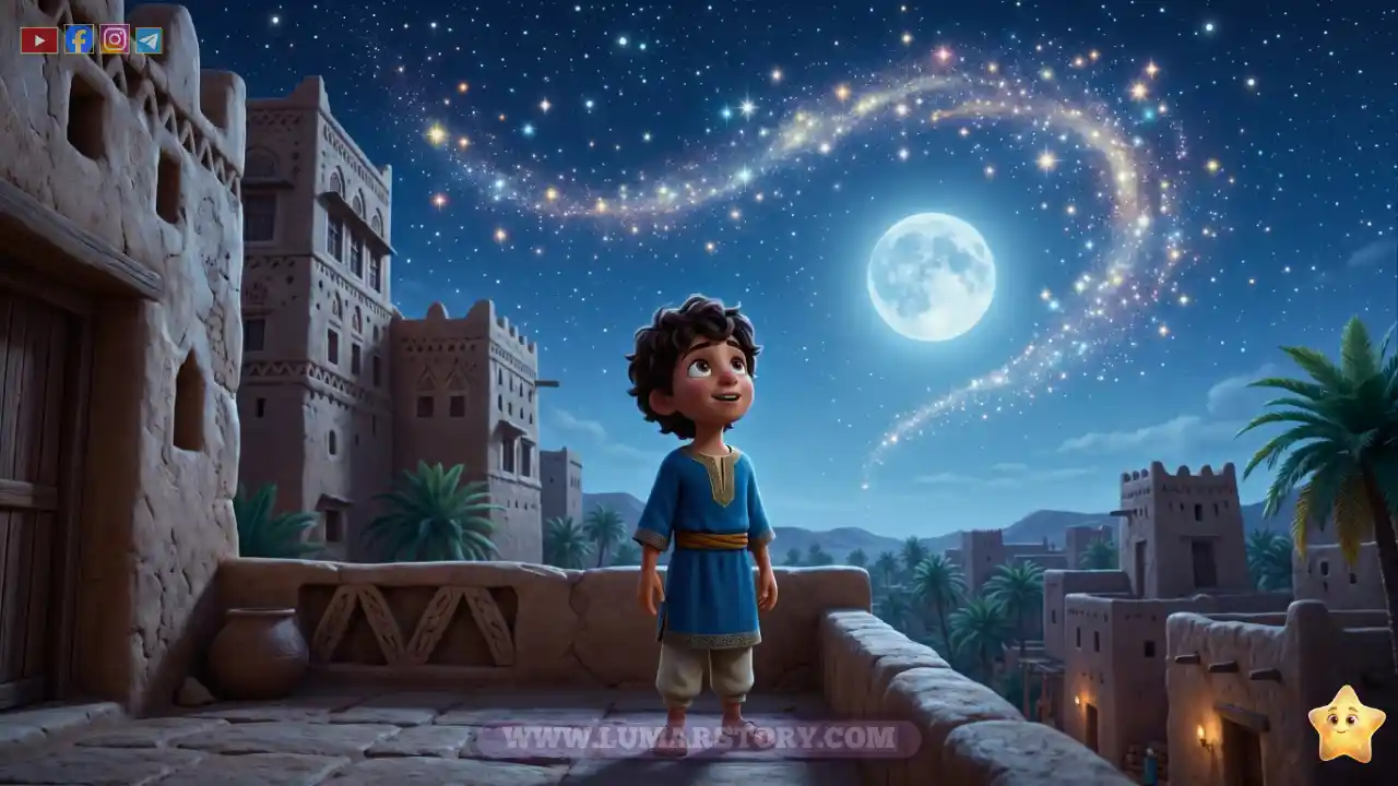 غلام صغير بريء ينظر بتعجب إلى السماء المليئة بالنجوم الساطعة في الليل