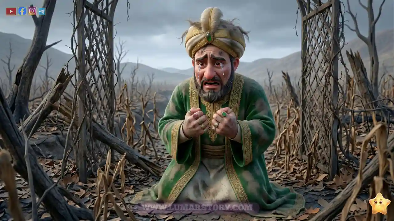 الرجل الغني يقلب كفيه ندماً وحسرة ويبكي على ضياع بستانه ويتمنى لو لم يشرك بالله أحداً.