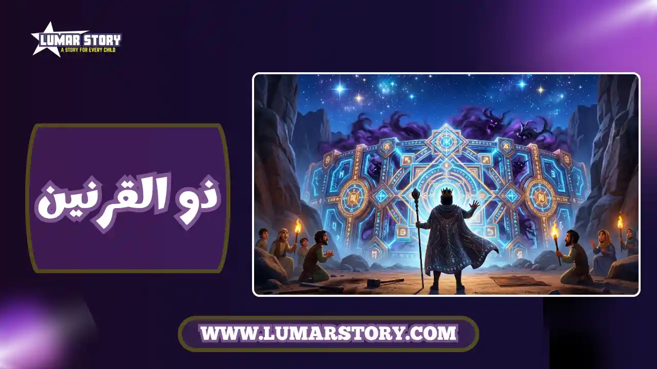 غلاف قصة ذي القرنين، يظهر الملك من الخلف يقف أمام السد العظيم من الحديد والنحاس بين الجبلين بأسلوب رسوم متحركة ثلاثية الأبعاد للأطفال.