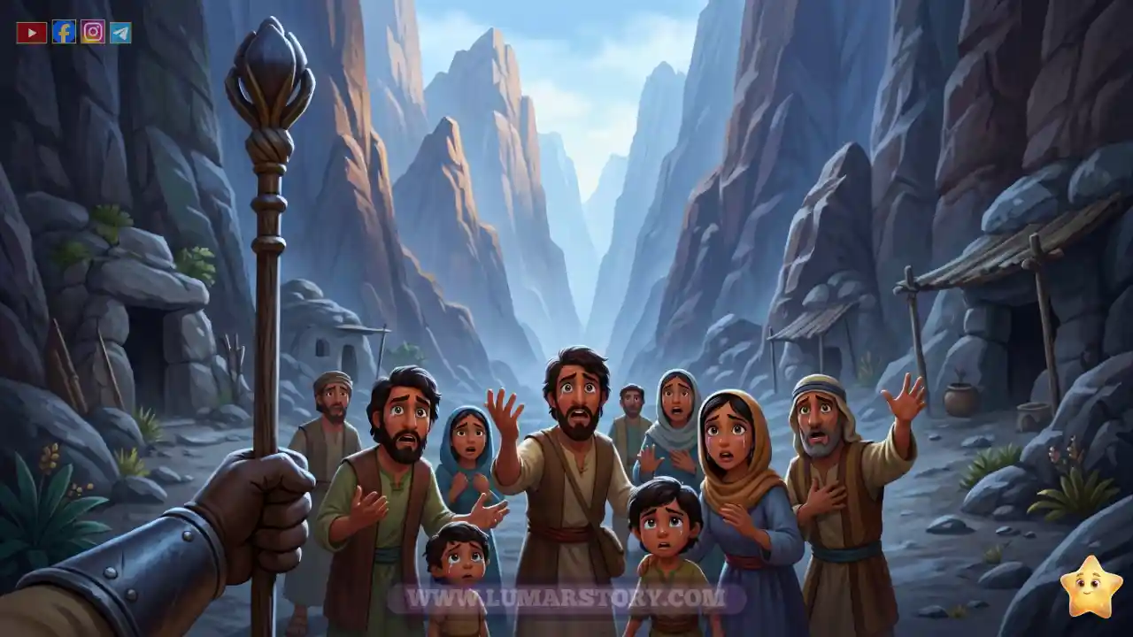 أهل القرية يقفون بين الجبلين وينظرون بخوف محاولين التحدث مع ذي القرنين بلغة الإشارة.