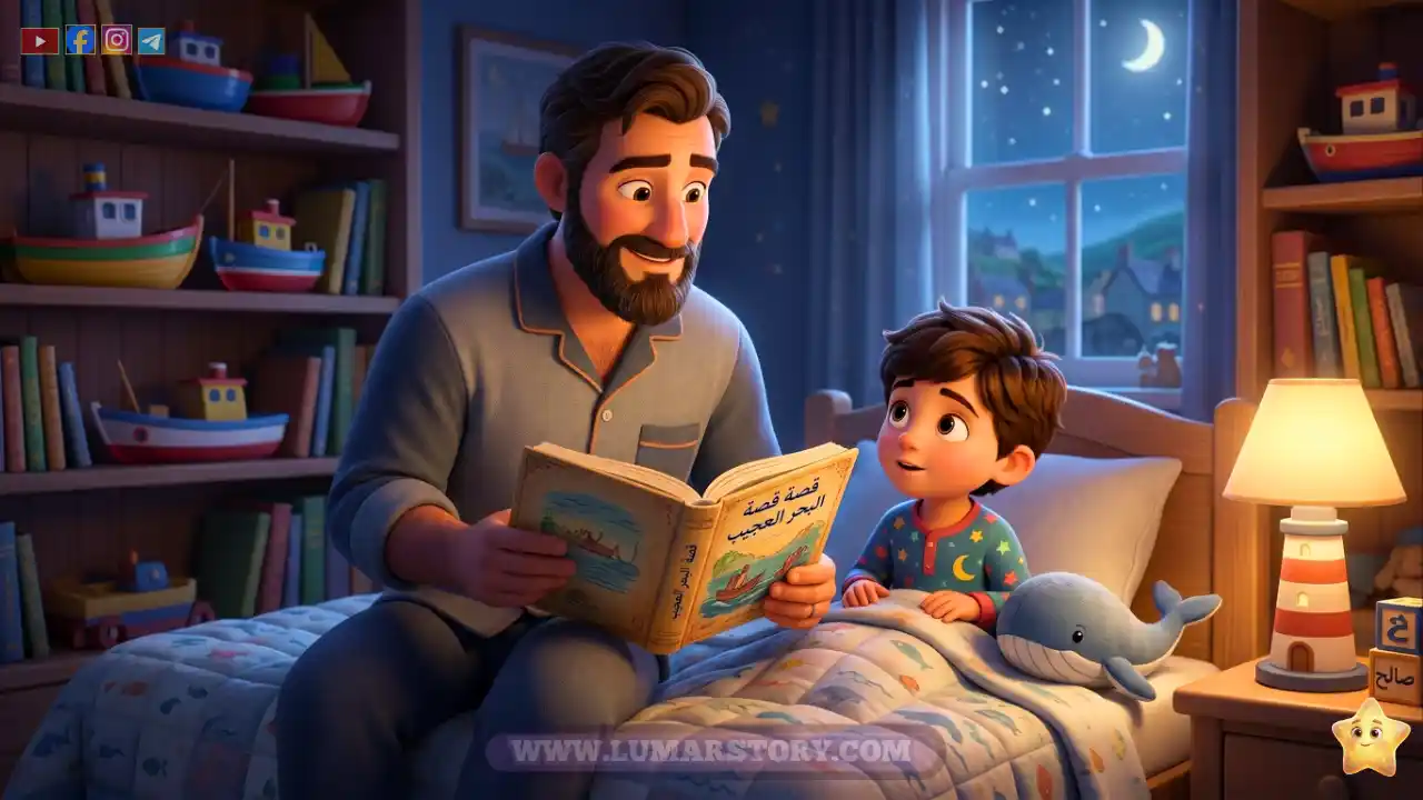 أب حنون يجلس مع ابنه صالح في غرفة النوم ليحكي له قصة قبل النوم.