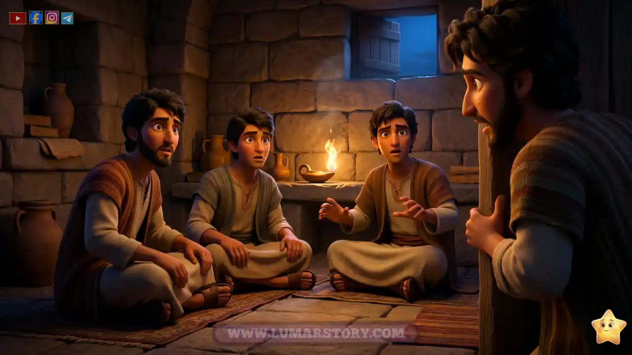 أحد الفتية يدخل مسرعا ليحذر أصدقاءه من الملك وسط أجواء من التوتر والحذر