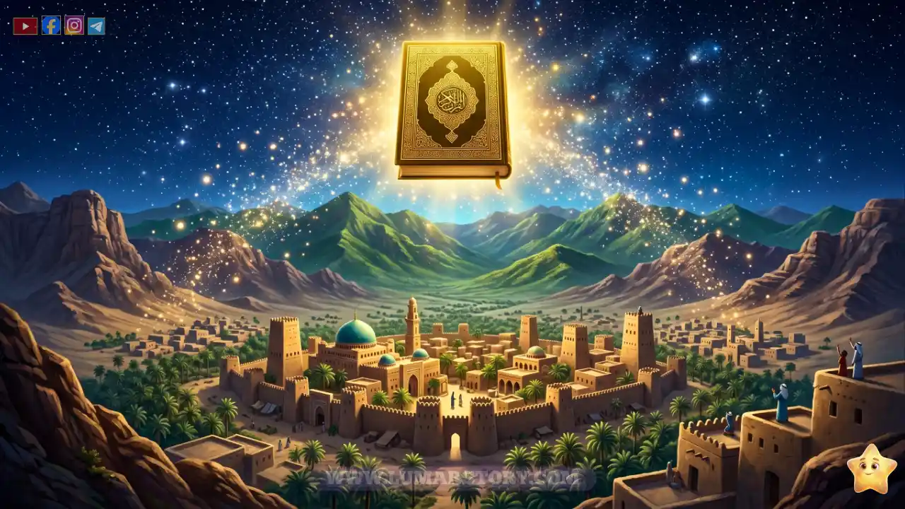 مصحف ذهبي مضيء يسطع في السماء فوق مدينة نجران القديمة تخليداً لذكرى المؤمنين