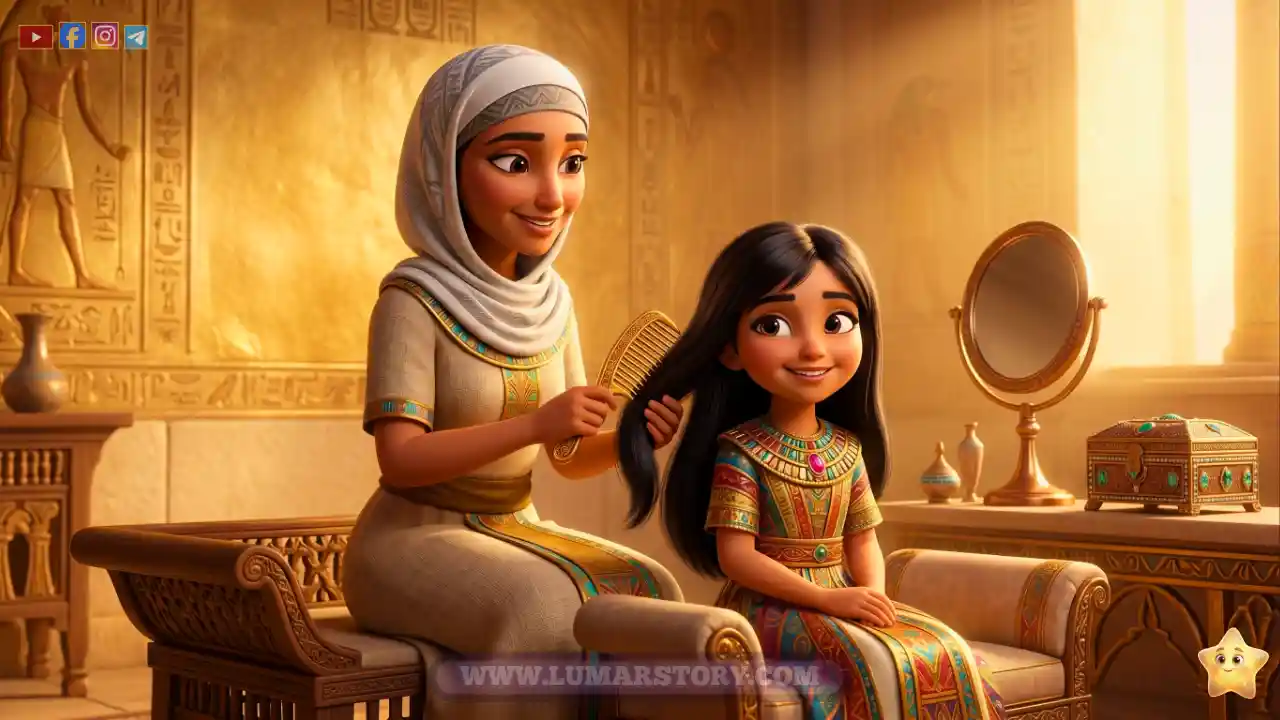 ماشطة ابنة فرعون ذات الوجه الطيب تقوم بتمشيط شعر الأميرة الصغيرة داخل غرفة القصر الفرعوني الفاخر.