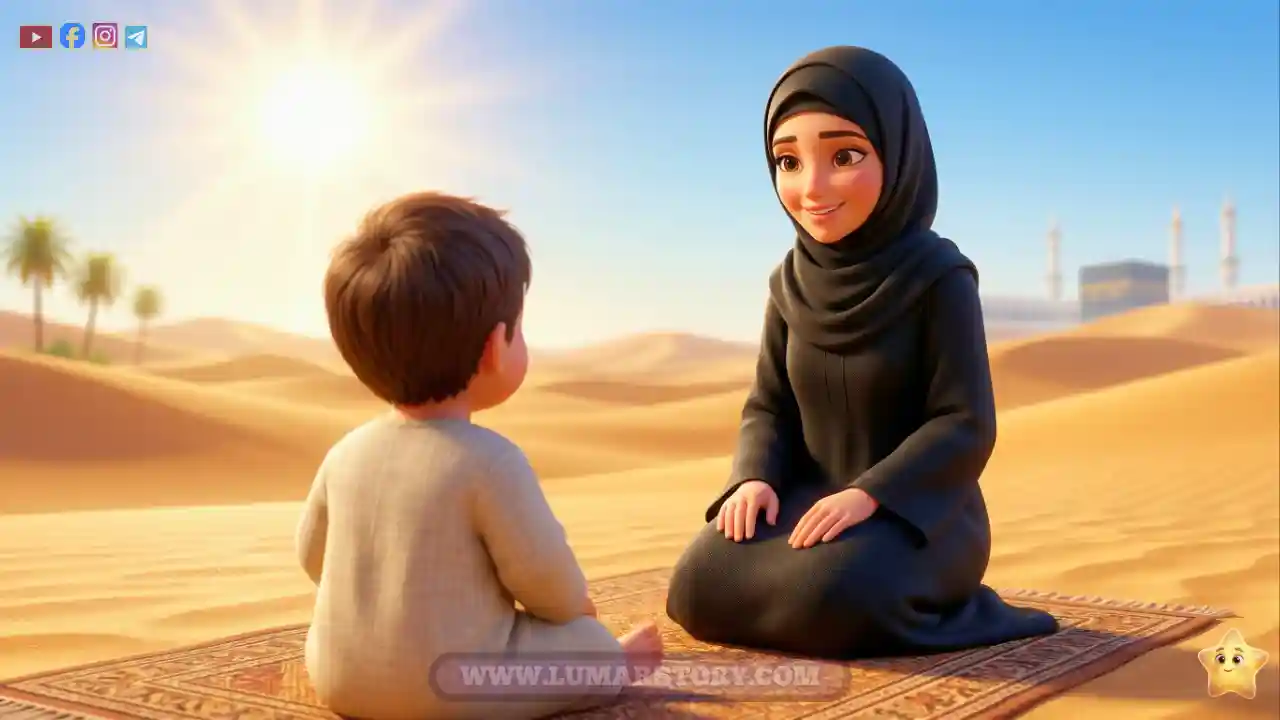 السيدة هاجر تجلس بسلام مع طفلها إسماعيل في صحراء مكة، تحيط بهما رمال ذهبية تحت شمس دافئة.