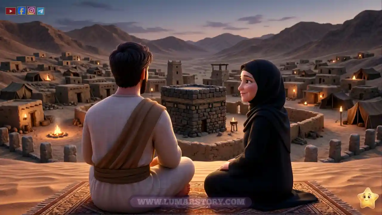 إسماعيل وأمه هاجر يجلسان براحة وسلام وينظران إلى الكعبة المشرفة بعد اكتمال بنائها.