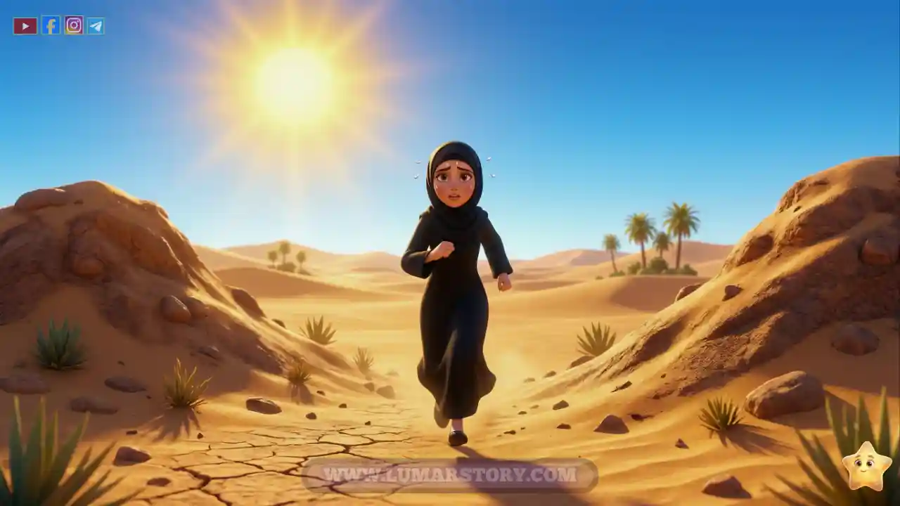 الأم الشجاعة هاجر تركض بين جبلي الصفا والمروة في الصحراء للبحث عن الماء لطفلها.