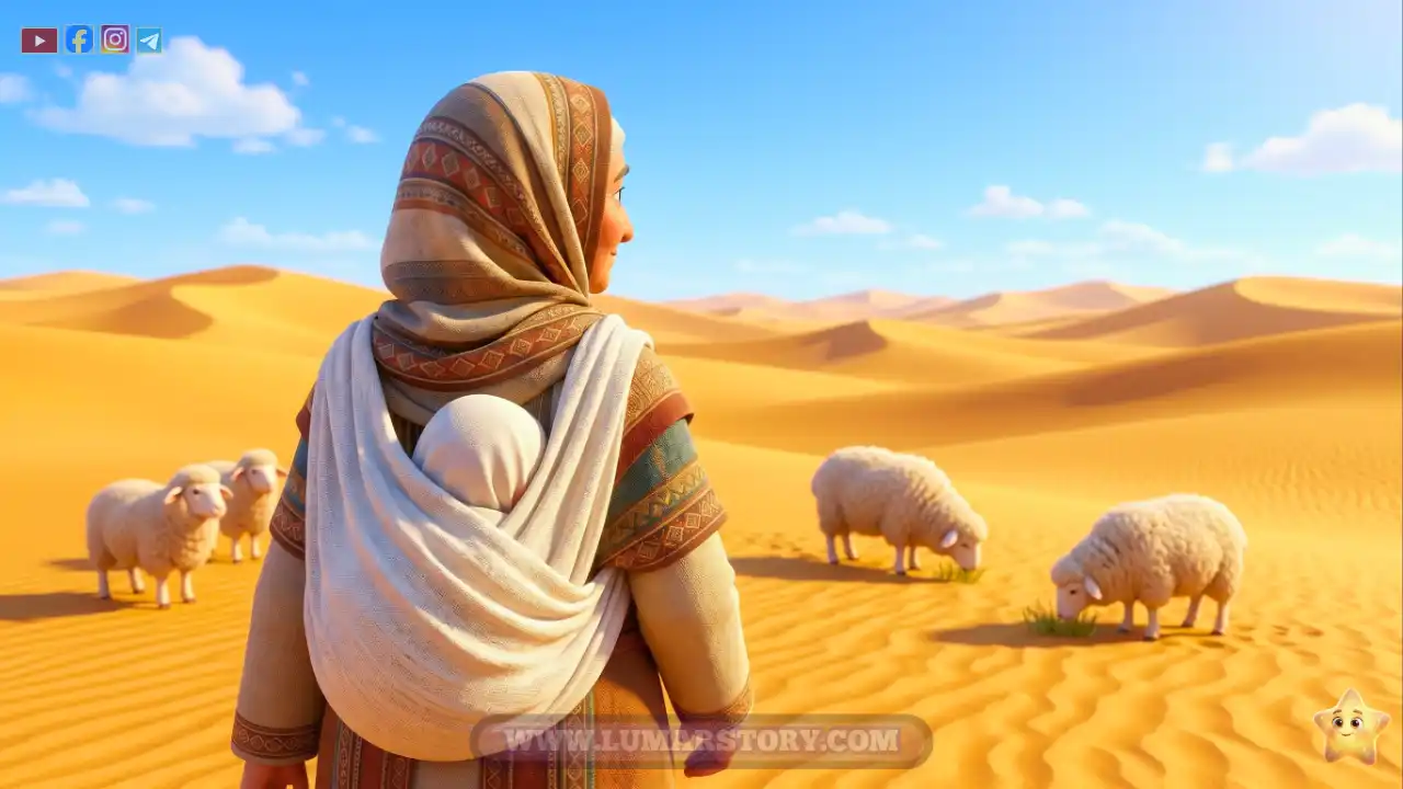 حليمة السعدية تحمل النبي وهو رضيع في البادية بين الأغنام تحت أشعة الشمس.
