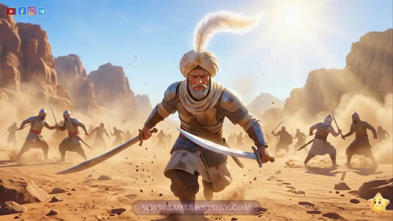 سيدنا حمزة يقاتل بشجاعة في غزوة أُحد، يحمل سيفين وعلى رأسه ريشة بيضاء مميزة، تصميم كرتوني ثلاثي الأبعاد.