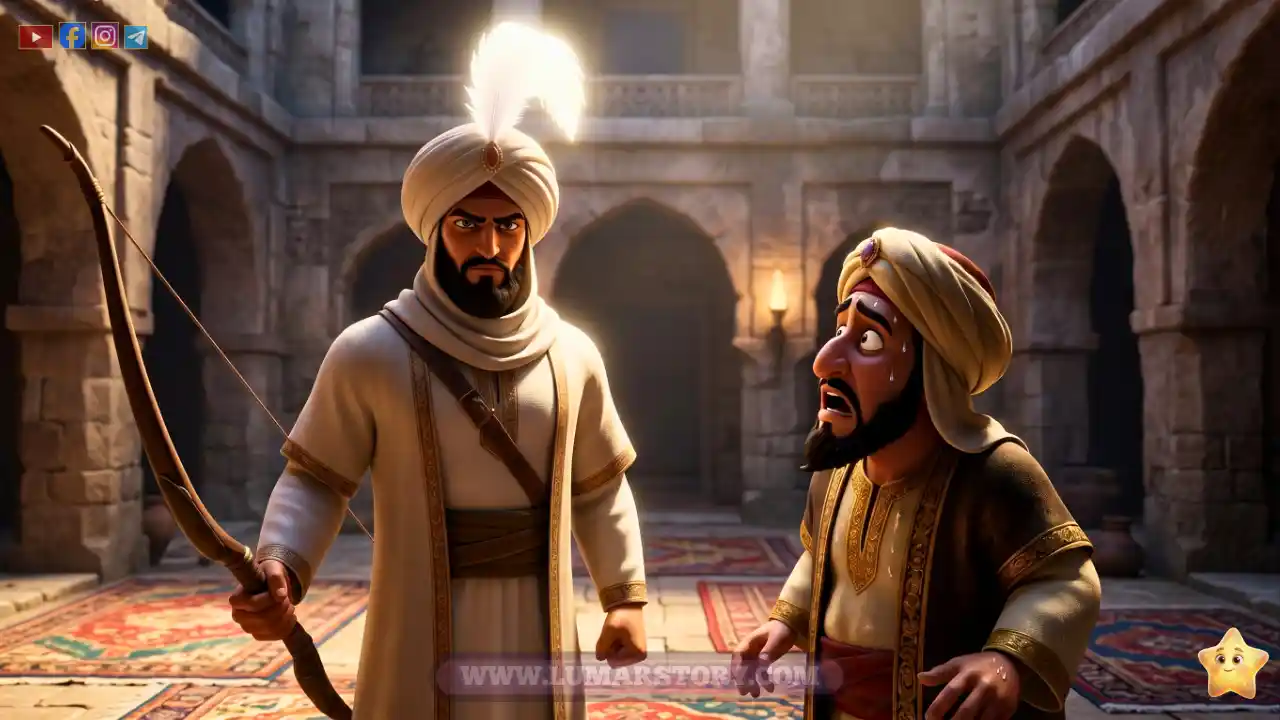 سيدنا حمزة يدافع عن النبي محمد ويواجه أبا جهل بقوة وثبات في ساحة مكة، رسومات كرتونية للأطفال.