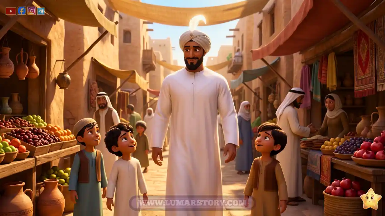 سيدنا حمزة يمشي في أسواق مكة القديمة بثقة والأسود، والأطفال ينظرون إليه بإعجاب في مشهد كرتوني ثلاثي الأبعاد.