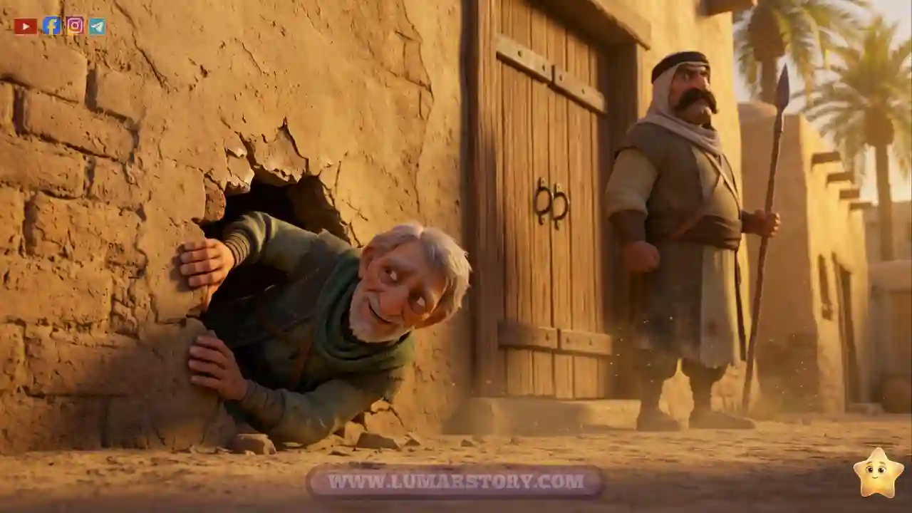 إبليس العجوز يتسلل من ثكب صغير في الجدار بينما الحارس يقف خارج الباب