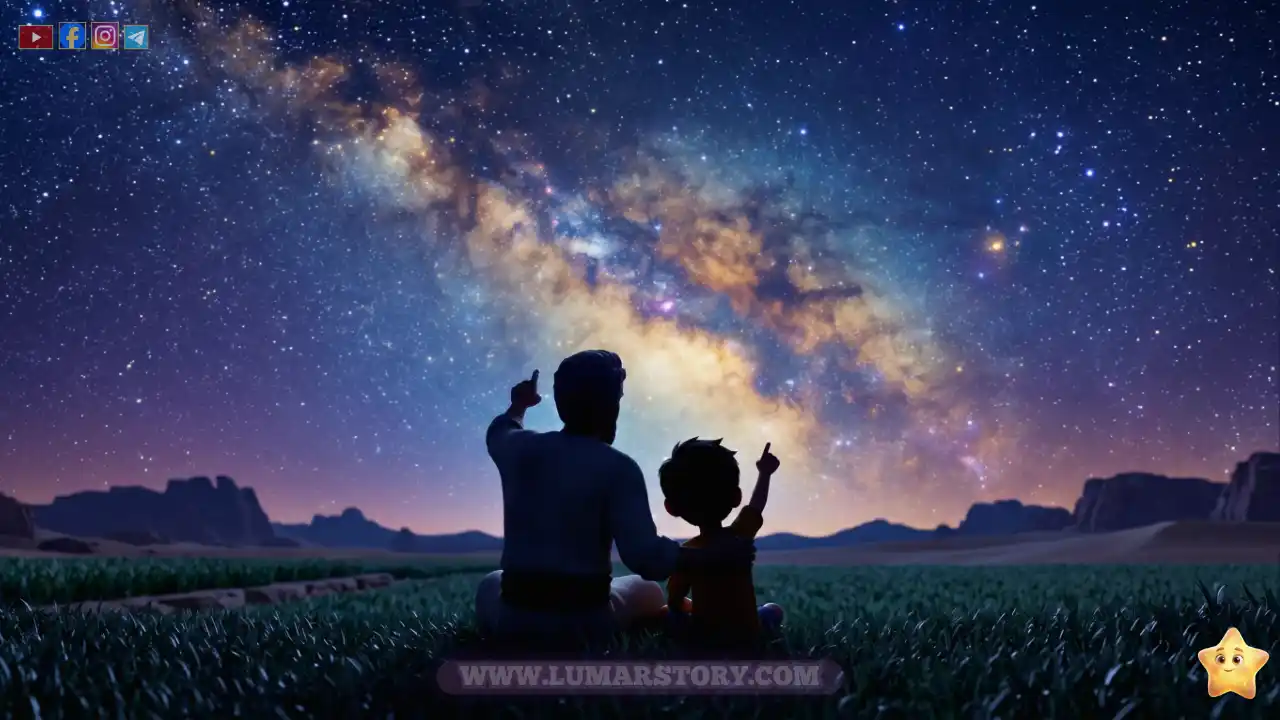 سيدنا إبراهيم وإسحاق يتأملان النجوم في السماء ليلاً الهادئة