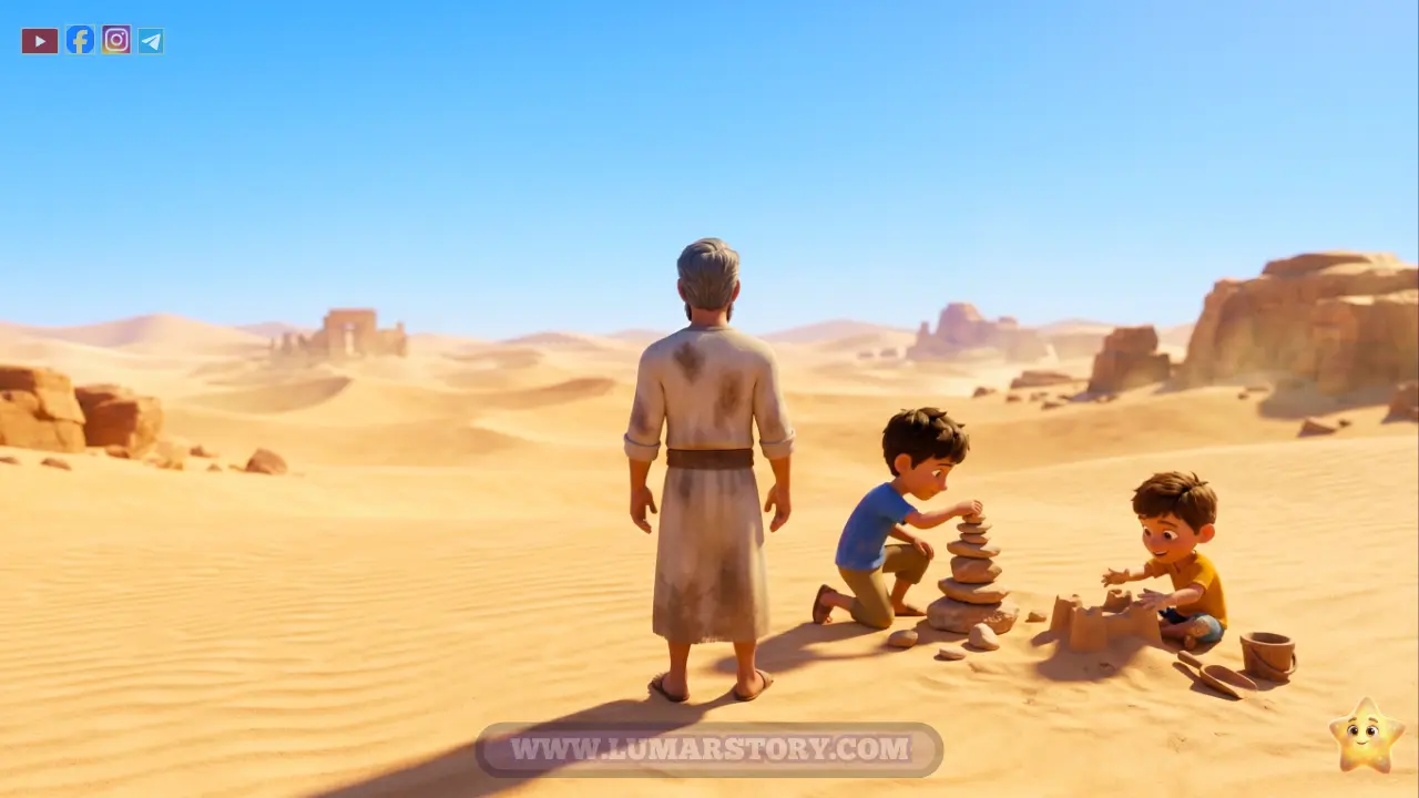 سيدنا إبراهيم وإسحاق يزوران إسماعيل في الصحراء أثناء بناء الكعبة