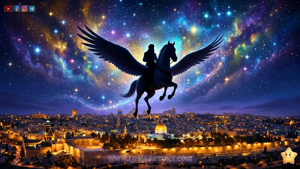 رحلة الإسراء والمعراج، حيث يصعد البراق في سماء ليلية سحرية فوق مدينة القدس.