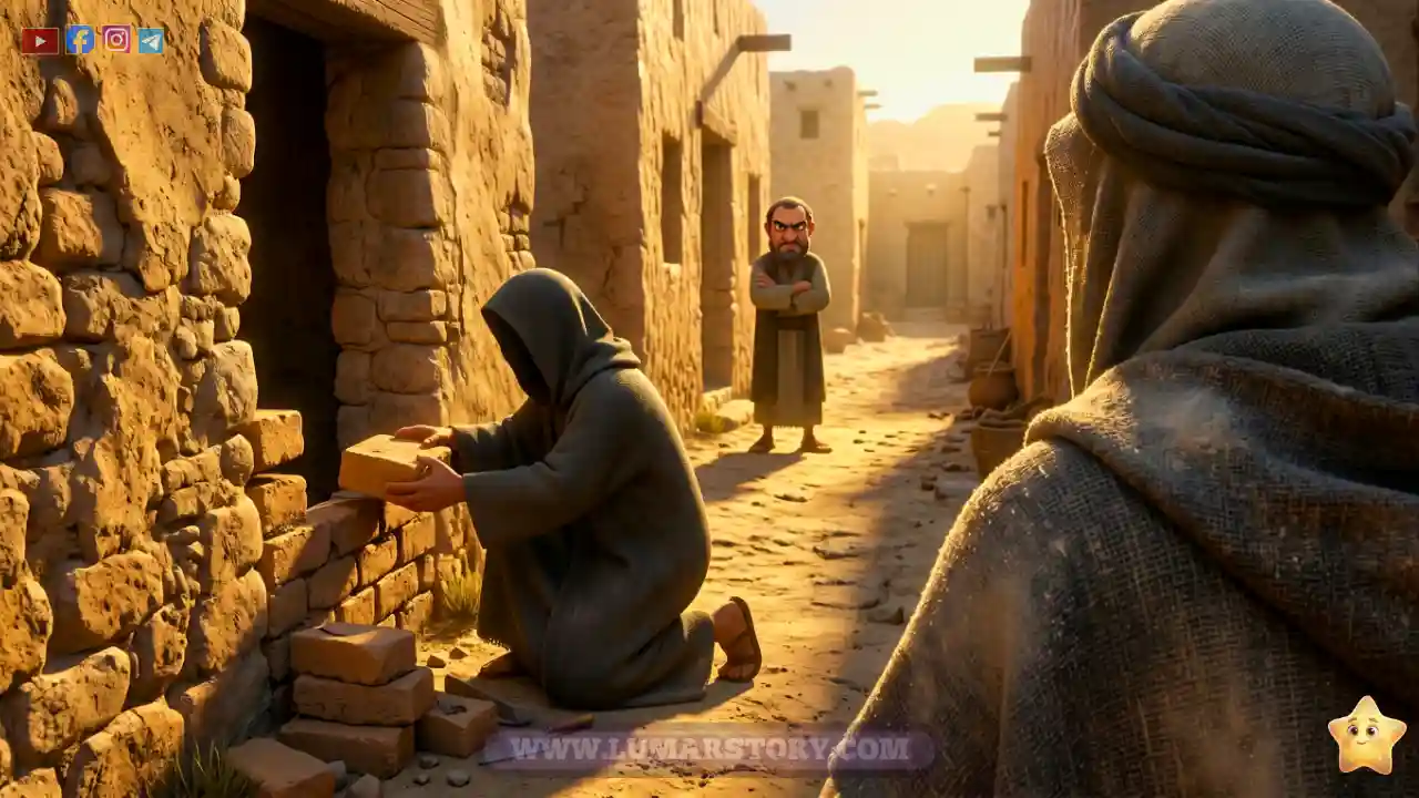 منظور من عيني سيدنا موسى للخضر وهو يبني جداراً قديماً يكاد يسقط لحماية كنز اليتيمين في قرية بخيلة، بينما يراقبهما رجل من أهل القرية بملامح غاضبة.