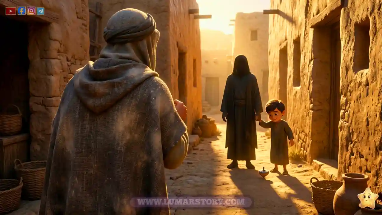 سيدنا موسى يراقب من الخلف بصدمة وتوتر بينما يقف الخضر أمام غلام صغير يلعب في شوارع القرية، في مشهد يحمل حكمة خفية.