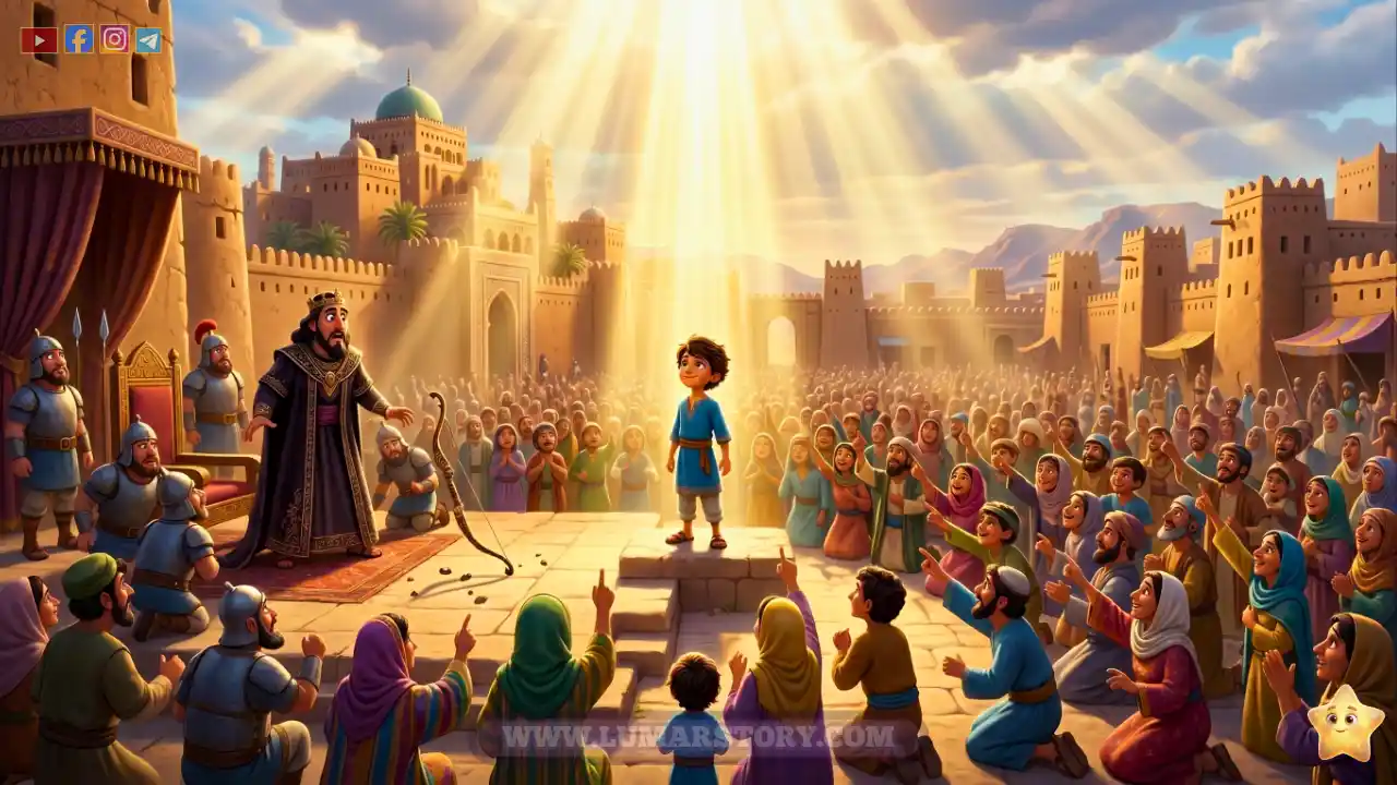 الملك المندهش يسقط قوسه بينما يسجد الناس في الساحة إيماناً بالله رب الغلام