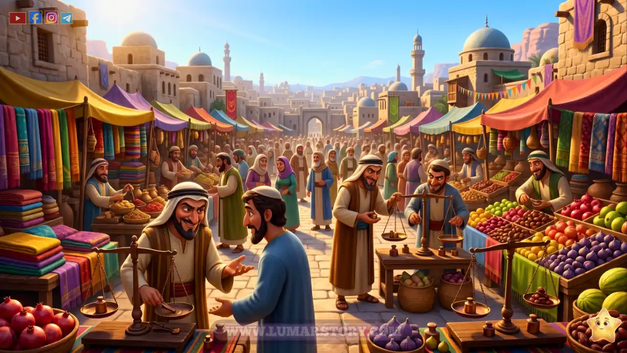 سوق مدين المزدحم وتجار يغشون في الميزان بتعابير وجه ماكرة في صباح مشرق.
