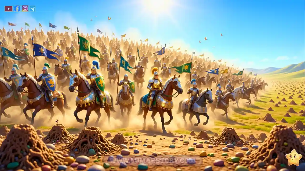 جيش النبي سليمان الضخم يقترب من وادي النمل والخيول والدروع تلمع تحت أشعة الشمس.