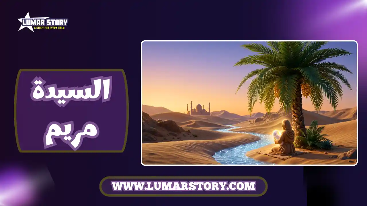 صورة غلاف جميلة ومشرقة تظهر نخلة خضراء وجدول ماء صافٍ يتدفق، مع طفل رضيع يحيط به نور هادئ، تعبر عن معجزة السيدة مريم عليها السلام بأسلوب كرتوني محبب للأطفال.