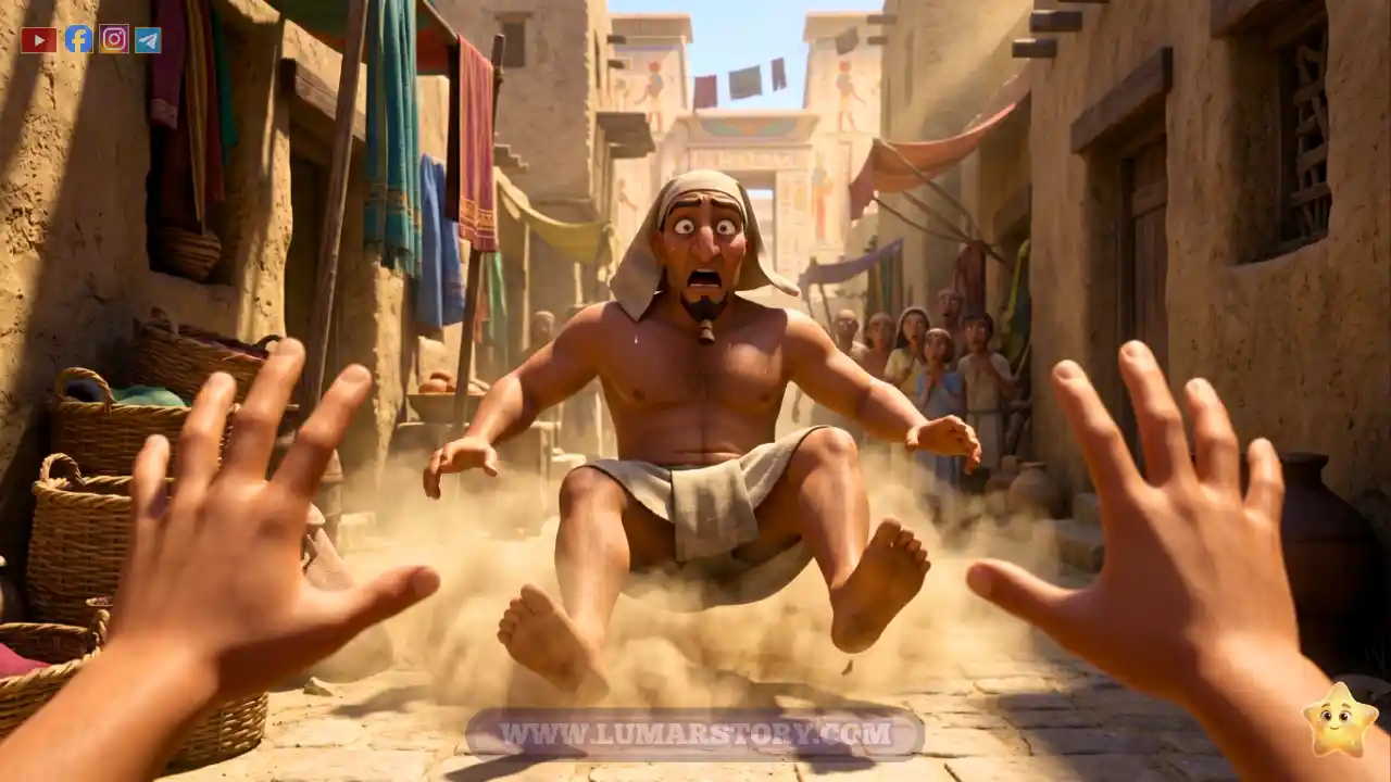 منظور من عيني سيدنا موسى ليديه وهو يدفع الرجل المعتدي، الذي يسقط على الأرض بملامح مصدومة في أحد شوارع المدينة.