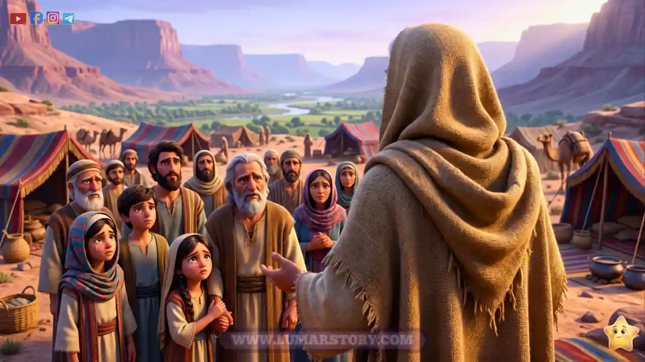 منظور من خلف سيدنا موسى وهو يودع قومه من بني إسرائيل ويوصيهم بالخير والرحمة، بينما تظهر على وجوههم ملامح الحزن والتأثر.