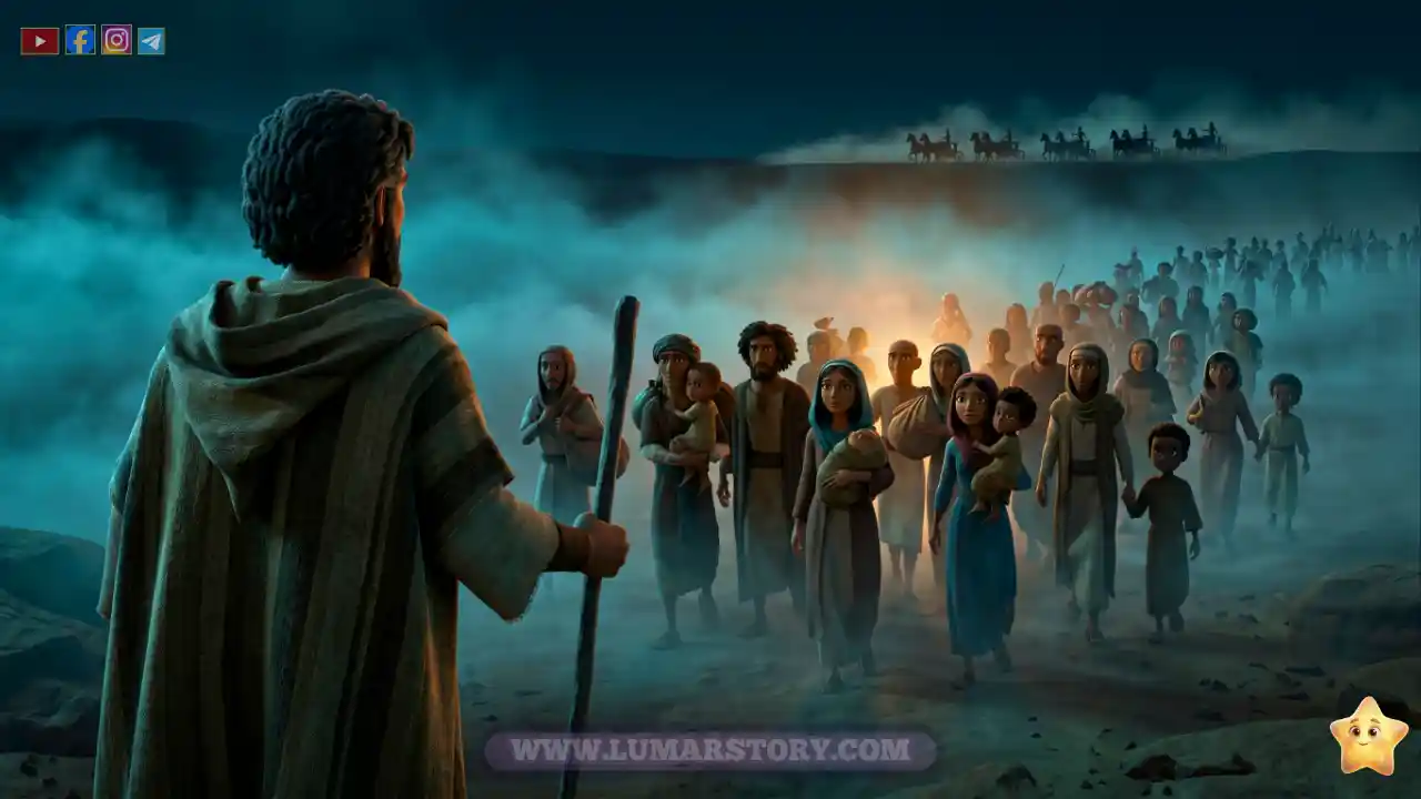 سيدنا موسى يظهر من الخلف وهو يقود بني إسرائيل في ليل الصحراء المظلم هرباً من جيش فرعون.
