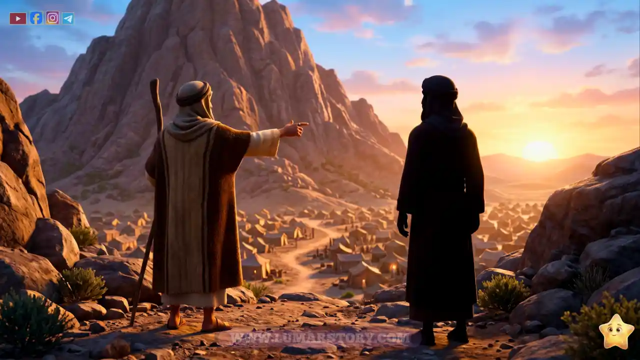 سيدنا موسى وهارون عليهما السلام يظهران من الخلف عند أسفل الجبل، حيث يوصي موسى أخاه بهداية القوم قبل صعوده.
