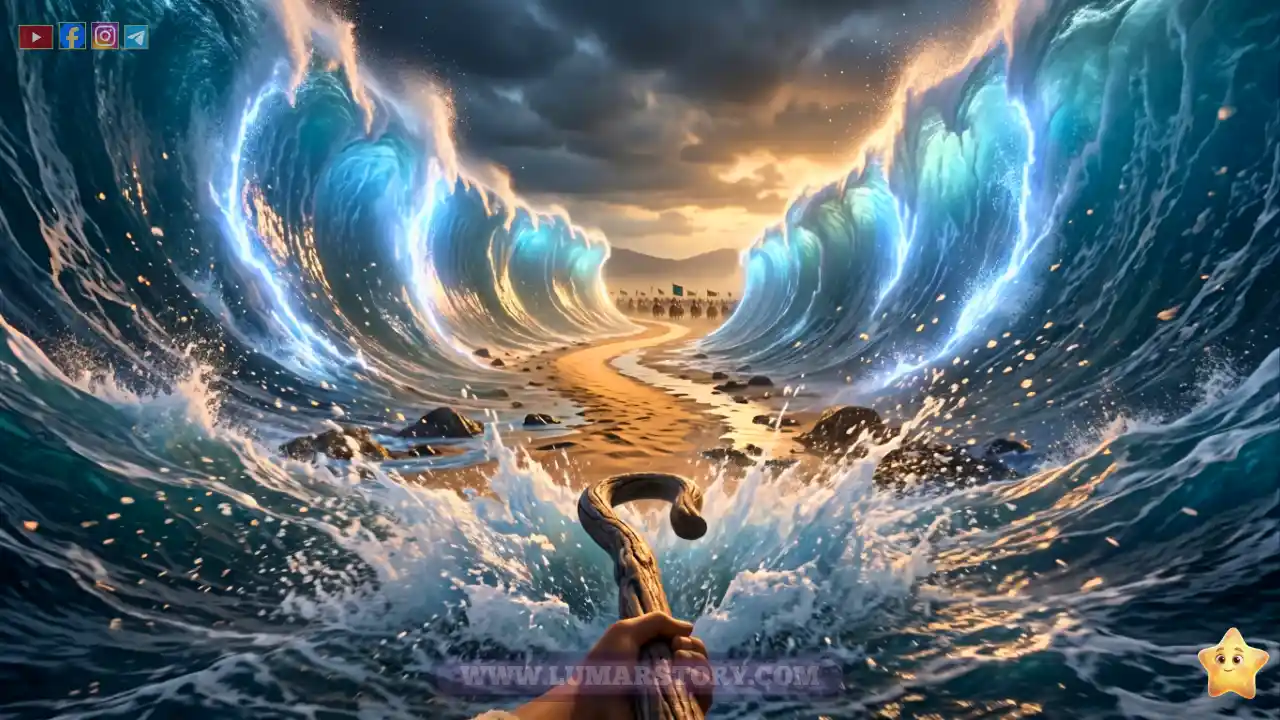 لحظة ضرب سيدنا موسى للبحر بعصاه وانشقاق مياه البحر العميقة لتكوين طريق جاف.