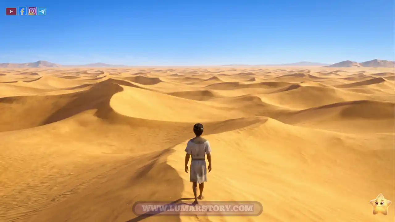 سيدنا موسى يظهر من الخلف بملابس مغبرة بسبب السفر الطويل، يمشي وحيداً في الصحراء الشاسعة تحت أشعة الشمس الحارة متوكلاً
