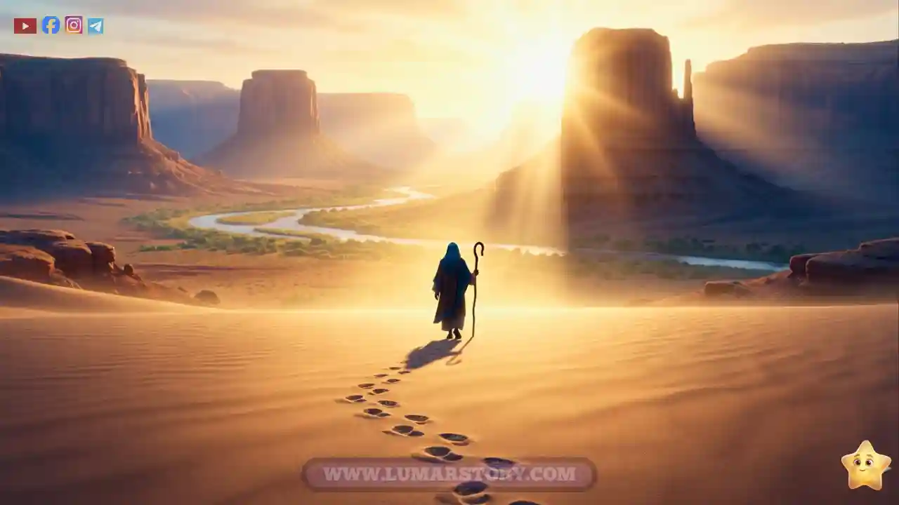 سيدنا موسى يظهر كظل يبتعد بهدوء نحو نور ساطع في الجبل تاركاً أثراً عظيماً وتاريخاً من الصدق والإيمان، بأسلوب رسوم متحركة ثلاثية الأبعاد.
