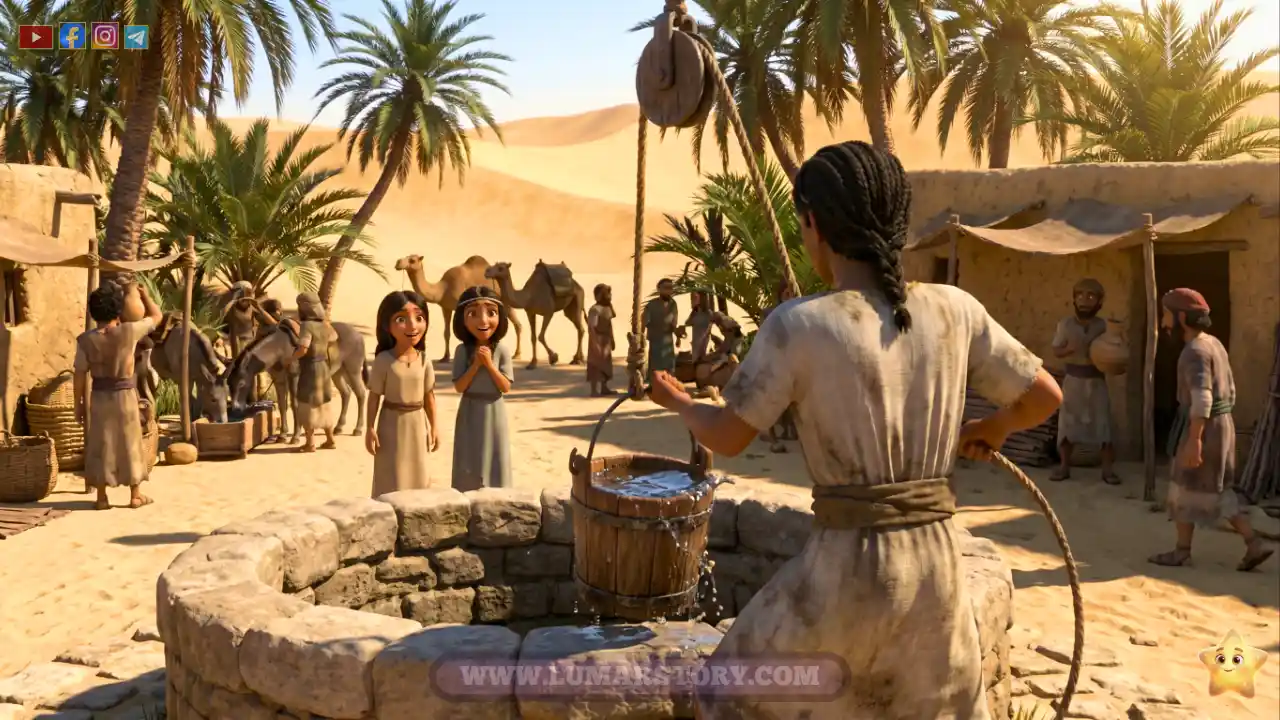 سيدنا موسى يظهر من الخلف وهو يسحب دلو الماء الثقيل من البئر بقوة لمساعدة الفتاتين، بينما تنظران إليه بامتنان وشكر.