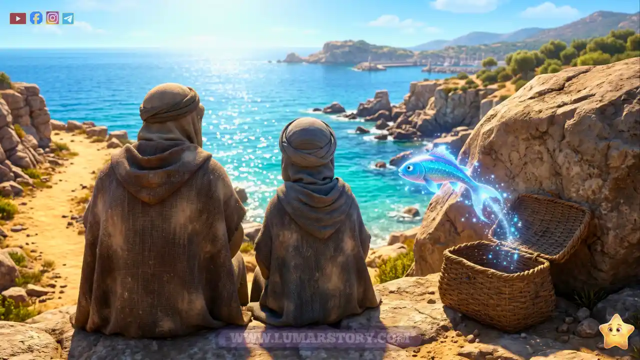 سيدنا موسى وفتاه يوشع يظهران من الخلف بملابس السفر المغبرة يستريحان عند الصخرة، بينما تقفز السمكة بمعجزة إلهية إلى مياه البحر.